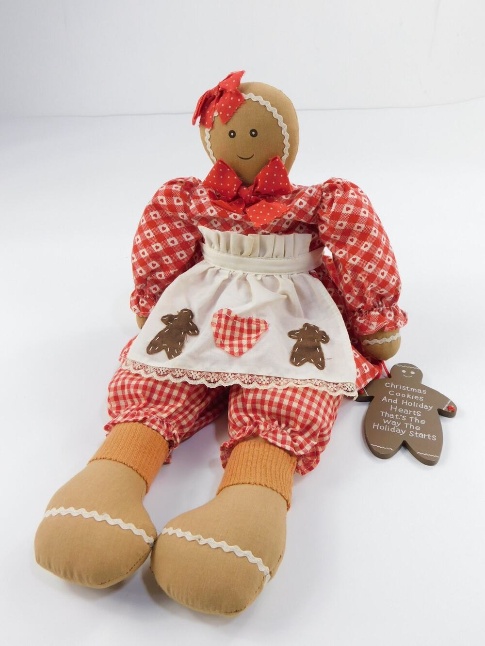 18" Fabric Plush Gingerbread Cookie Girl Christmas Shelf Sitter Red Plaid Dress